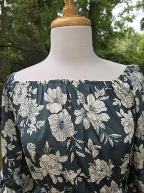 Floral Off Shoulder Dress Tunic Boho Bell Sleeve Tassel Waist Green Gray SZ M
